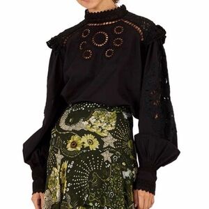Farm Rio Anthropologie Black Lace & Eyelet Long Sleeve Blouse Top Size XS